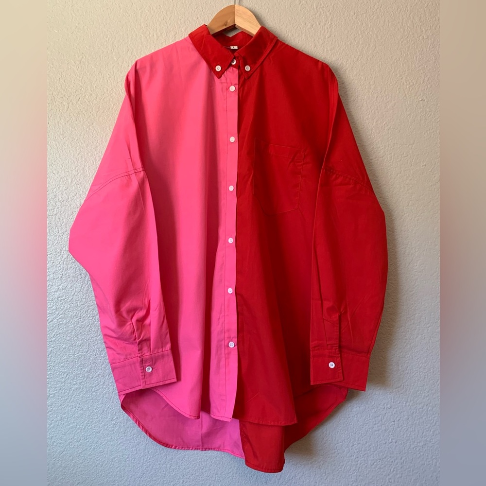 Large oversized color blocked button up shirt red pink